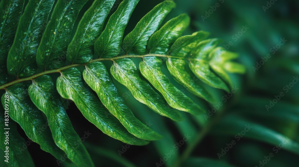 Obraz premium A green fern leaf displays its detailed texture in a forest setting. Sunlight shines on the leaf highlighting its structure among other plants nearby.
