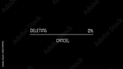 Digital loading bar with text 'deleting' and '0%' shown, cancel option available