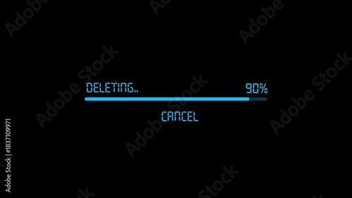 Digital progress bar at 90% showing 'deleting...' with 'cancel' option, computer screen interface