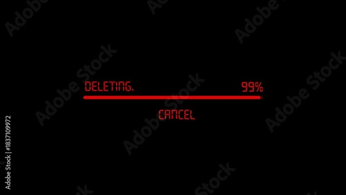 Digital loading bar shows 99% complete deletion with cancel option on a black background
