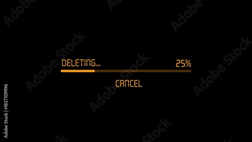 Digital progress bar shows 'deleting...' with 25% completion and a cancel option