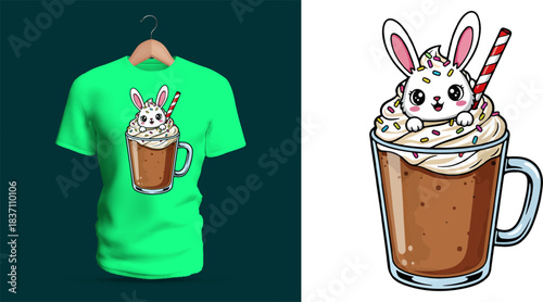 Whimsical t-shirt vector illustration of a cute bunny sitting inside a tall glass mug filled with creamy iced coffee topped with whipped cream, chocolate drizzle, and striped straw details, featuring