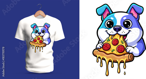 Playful t-shirt vector illustration of an excited blue-and-white dog joyfully holding a large cheesy slice of pizza dripping with melted toppings, featuring big sparkling eyes, rounded fluffy cheeks