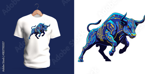 Futuristic t-shirt vector illustration of a cybernetic bull running forward with glowing blue circuitry patterns across its muscular body, featuring neon highlights, angular metal-like contours