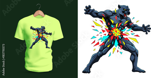 Dynamic t-shirt vector illustration of a powerful black panther humanoid figure exploding into vibrant multicolored shards at the chest area, featuring sharp geometric fragments bursting outward