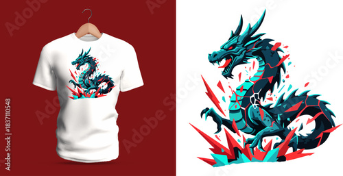 Dramatic t-shirt vector illustration of a coiled dragon formed from jagged crystal-like shapes, featuring glowing teal and red accents, sharp layered scales, curved horns, segmented body armor