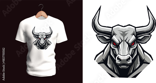 Intense t-shirt vector illustration of a bull head drawn with heavy bold outlines, sharp angular horns, deep shadow areas, pronounced muscular facial structure, expressive aggressive eyes, and stylize