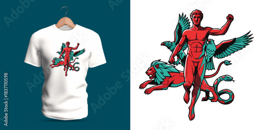 Highly detailed t-shirt vector illustration of a mythological hybrid creature featuring a muscular human warrior fused with a winged beast, showing large feathered wings, lion-like legs, serpentine ta