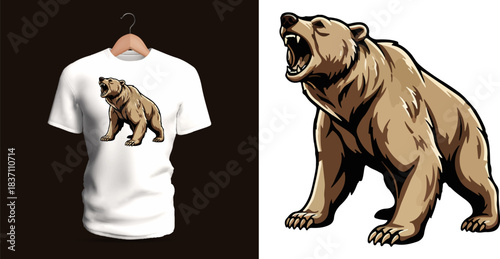 Detailed t-shirt vector illustration of a roaring brown bear standing aggressively on all fours, featuring heavily defined muscle structure, thick textured fur in earthy tones, wide open jaws