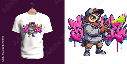 Highly expressive t-shirt vector illustration of a street-style owl dressed in a hoodie, cap, and sneakers while holding a spray can, creating bright dripping graffiti letters in vibrant pink, blue