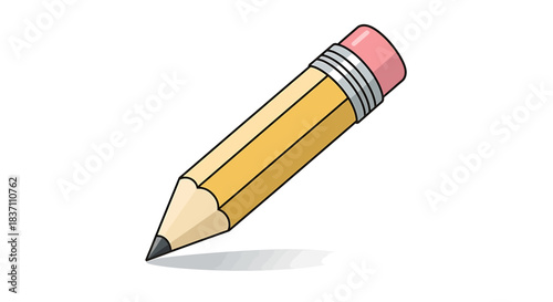 A yellow wooden pencil with a pink eraser and a sharpened graphite tip, casting a small shadow.