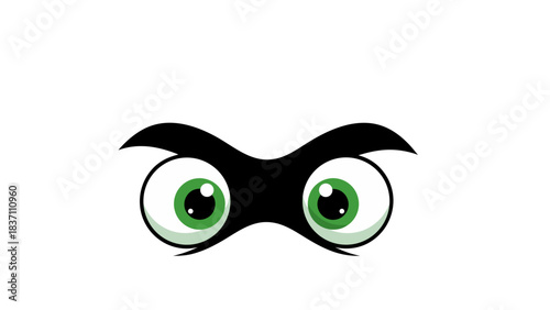 Close up of two green cartoonish eyeballs looking curiously to the left against a stark black background