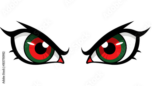 Close up of two pixelated cartoon eyes with red and green irises and white sclera against a black background.