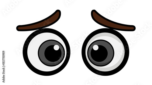 Close up of two wide open cartoon eyes with dark brown eyebrows looking upwards against a black background showing a worried expression