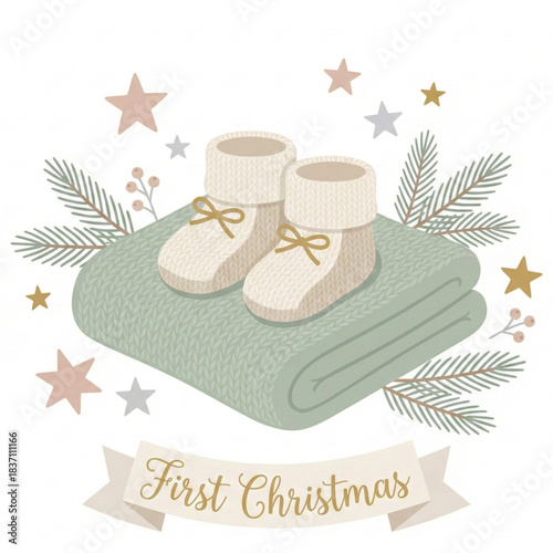 Adorable baby booties resting on a cozy blanket surrounded by festive stars and pine branches, celebrating a sweet First Christmas moment.