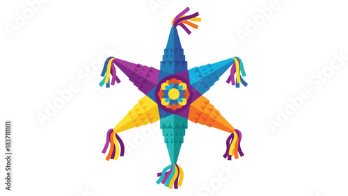 Colorful Pixelated Star Shaped Pinata With Tassels And Geometric Centerpiece On Black Background Festive Celebration And Party Symbol