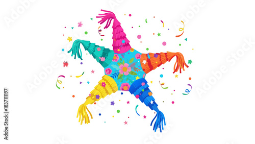 Colorful Star Shaped Pinata Bursting With Confetti And Flowers Celebrates A Festive Fiesta Event Against A Dark Background