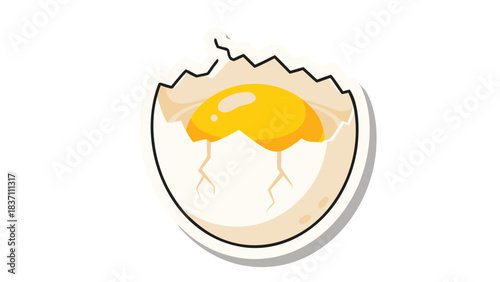 Cracked Egg with Golden Yolk and White Showing Inside a White Shell Against a Black Background Cartoon Sticker Style Pixel Art Illustration