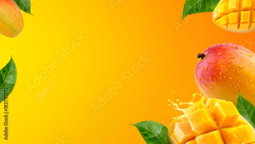 Fresh mango background fruit and green leaves framing a vibrant yellow orange background with ample copy space banner