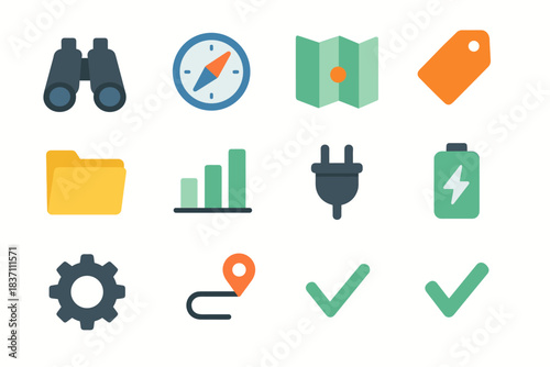 Set pin navigation compass route checkmark vector chart binoculars map icon gear