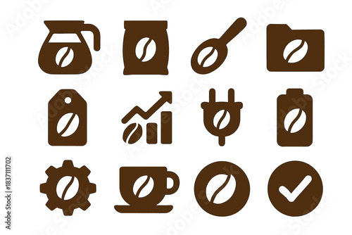 Folder tag spoon icon battery bag vector coffee pot cup plug icons