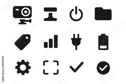 Vector mounting compact camera plug gear chart icon action button checkmark focus