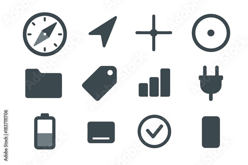 Minimalist battery ring chart plug compass folder icon cardinal vector collection tag