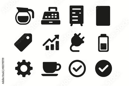 Vector folder battery caf icon board counter cash pot tag gear icons