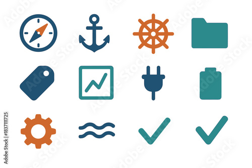 Vector wheel icon compass chart checkmark line navigation plug ship anchor sea