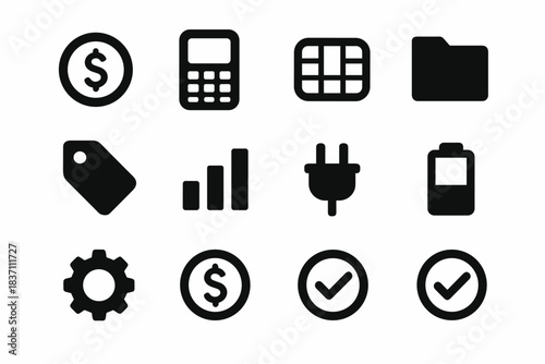 Plug battery payment checkmark tag icons terminal vector folder system chart gear