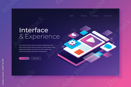 Modern ui ux design elements with colorful futuristic icons and interface elements on a gradient blue background.
Futuristic digital interface elements including glowing icons touchscreens and gauges.