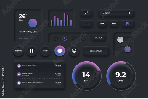 Modern ui ux design elements with colorful futuristic icons and interface elements on a gradient blue background.
Futuristic digital interface elements including glowing icons touchscreens and gauges.