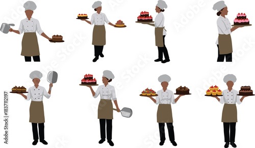 Professional pastry chefs holding cakes and desserts, bakery staff presenting baked goods, culinary workers showcasing sweets for food industry illustration use