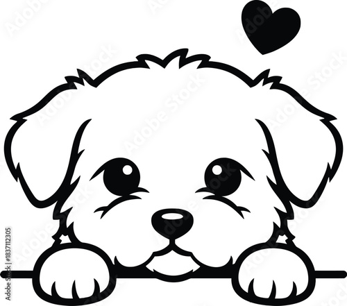 Cute Puppy Peeking Over Border with Heart Line Art Vector