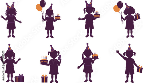 Birthday party girl silhouettes with cakes, balloons, gifts, and party hats in cute celebration poses for festive design illustrations