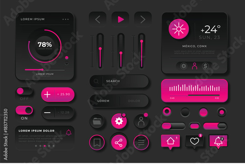 Modern ui ux design elements with colorful futuristic icons and interface elements on a gradient blue background.
Futuristic digital interface elements including glowing icons touchscreens and gauges.