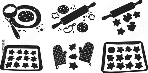 Black and white baking icons featuring cookie dough, rolling pin, cookie cutters, oven mitts, and trays of star shaped cookies illustration