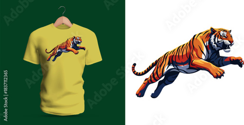 Powerful t-shirt vector illustration of a leaping tiger in midair, captured with bold orange and black stripes, extended claws, stretched muscular body, fierce focused expression, and clean stylized