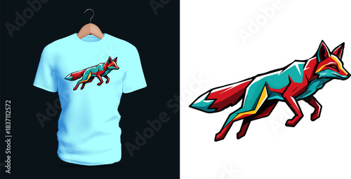 Stylized t-shirt vector illustration of a running fox constructed from angular geometric segments in teal, red, and yellow tones, featuring sharp polygonal contours, extended limbs in mid-stride,