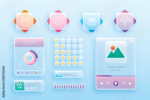 Modern ui ux design elements with colorful futuristic icons and interface elements on a gradient blue background.
Futuristic digital interface elements including glowing icons touchscreens and gauges.