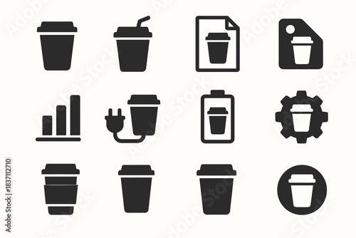 Sleeve minimalist checkmark straw paper cup gear set vector tag icon chart