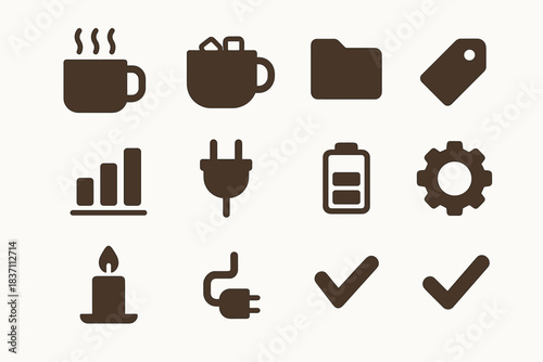Battery tag checkmark marshmallow vector cozy cocoa candle icon mug chart drinks