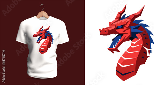 Highly detailed t-shirt vector illustration of a stylized mechanical red-and-blue dragon head with layered armor-like scales, sharp angular jaw structure, glowing eye slit, segmented metallic neck