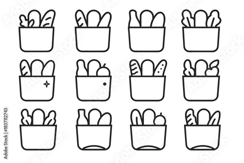 Thin bag grocery outline food vector fold minimal icons circle base icon
