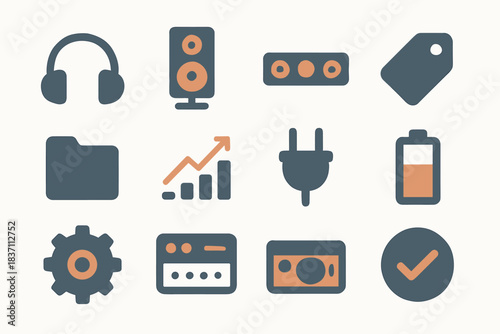 Plug minimal amplifier sound folder icons checkmark icon headphones battery tag vector