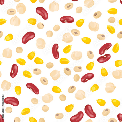 Food background with corn seeds, red beans, soybeans, and chickpeas. Vector flat cartoon illustration. Seamless pattern