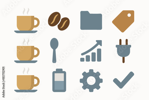 Icons folder plug mug coffee vector beans gear checkmark spoon ceramic icon