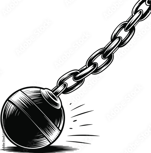 Black and white illustration of a wrecking ball on a chain swinging demolition destruction