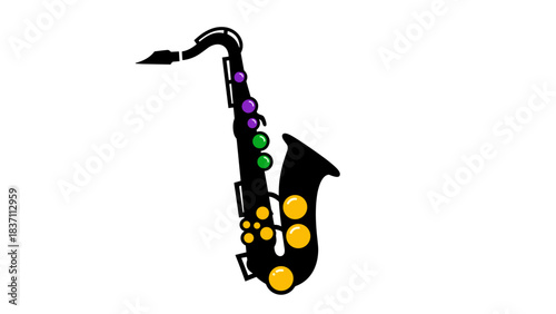Black saxophone with colorful buttons in simple illustration style  