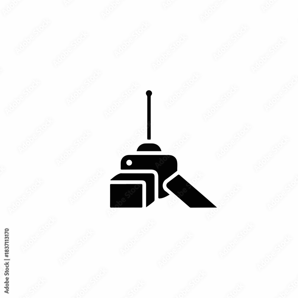 Fototapeta premium Black remote control icon with antenna, indicating wireless signal transmission. Simple remote control icon illustrates device operation and data exchange.